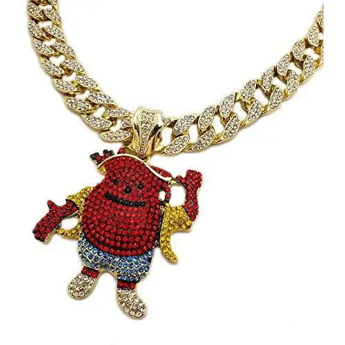 Hip Hop Iced KOOL AID MAN Pendant w/ 18'' Full Iced Cuban Choker Chain Necklace Set Hip Hop Iced KOOL AID MAN Pendant w/ 18'' Full Iced Cuban Choker Chain Necklace Set