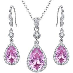 EleQueen 925 Sterling Silver Full Cubic Zirconia Teardrop Bridal Pendant Necklace Hook Dangle Earrings Sets