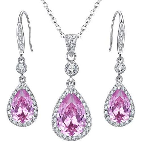 EleQueen 925 Sterling Silver Full Cubic Zirconia Teardrop Bridal Pendant Necklace Hook Dangle Earrings Sets