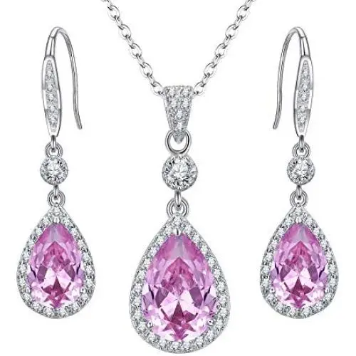 EleQueen 925 Sterling Silver Full Cubic Zirconia Teardrop Bridal Pendant Necklace Hook Dangle Earrings Sets