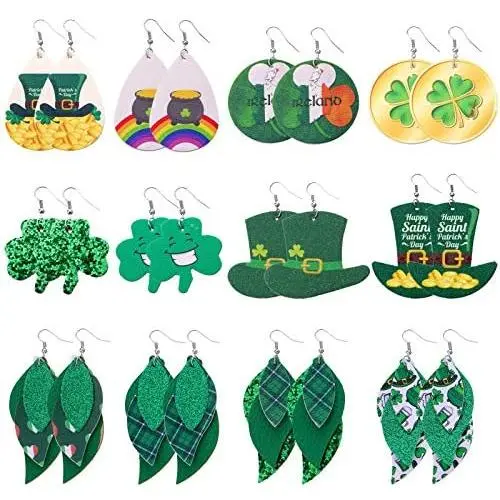 ZWGYS St Patricks Day Earrings Green Clover Leather Earrings For Women Girls Lucky Rainbow Earrings Drop Dangle Earrings Saint Patricks Day Gifts 12 Pairs