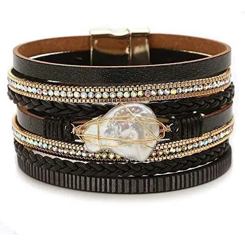 AZORA Womens Leather Wrap Bracelets Multi Strands Feather Pearls Leather Cuff Braceler with Magnetic Clasp Boho Gift for Friends Teens Girls Lady AZORA Womens Leather Wrap Bracelets Multi Strands Feather Pearls Leather Cuff Braceler with Magnetic Clasp Boho Gift for Friends Teens Girls Lady