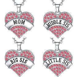 Hicarer 4 Pieces Big Sis Middle Sis Little Sis Mom Crystal Heart Shape Pendant Necklace Set Sister Family Jewelry for Sister Girls Kids