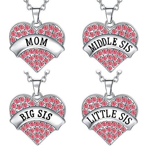 Hicarer 4 Pieces Big Sis Middle Sis Little Sis Mom Crystal Heart Shape Pendant Necklace Set Sister Family Jewelry for Sister Girls Kids