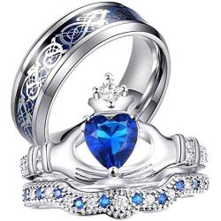 ringheart Couple Rings White Gold Filled Heart Cut Blue Cz Womens Wedding Ring Sets Stainless Steel Men Wedding Band (Please Buy 2 Rings for 1 Pair)