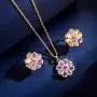 Gold Plated Cubic Zirconia Reflection Flower Pendant Necklace and Stud Earrings Jewelry Set
