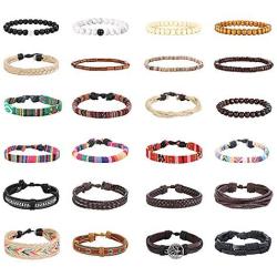 Finrezio 24 Pcs Braided Leather Bracelet Set for Women Men Wristbands Boho Ethnic Tribal Linen Hemp Cords Beads Wrap Bracelets String Handmade Jewelry