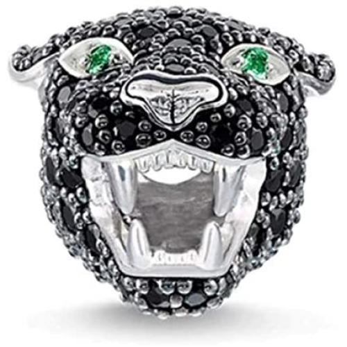 EVESCITY Swarovski Crystallized Black Panther Emerald Eyes Silver Bead For Charms Bracelets - Best Jewelry Gifts for Her Animal Lovers