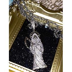 Shop-iGold Men Women 925 Italy Finish Iced Santa Muerte Charm Ice Out Pendant Stainless Steel Real 2 mm Rope Chain Necklace, Mens Jewelry, Iced Pendant, Rope Necklace