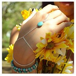 TseanYi Turquoise Finger Bracelet Layering Silver Chain Wrist Bracelet Boho Hand Chain Jewelry for Women and Girls (Silver)