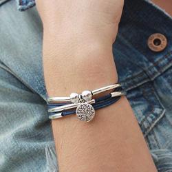 Lizzy James Girlfriend Silver Bracelet Necklace with Silver Tree of Life Charm in True Blue Leather