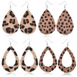 4 Pairs Leopard Faux Leather Earrings Set Trendy Colorful Shining Leopard Dangle Earrings Dainty Leopard Teardrop Earrings for Women Girls Jewelry