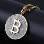 Fashion Hip Hop Charm Jewelry Iced Out Round Bitcoin Pendant Necklace Micro Paved Bling CZ Stones 24'' Gold Color Chain for Men Women
