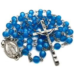 Nazareth Store Rosary Necklace 7mm Round Light Blue Beads Turquoise Cat Eye Stone Miraculous Medal with Crucifix - Velvet Bag