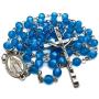 Nazareth Store Rosary Necklace 7mm Round Light Blue Beads Turquoise Cat Eye Stone Miraculous Medal with Crucifix - Velvet Bag