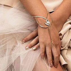 Chicque Boho Hand Chain Rhinestone Finger Ring Bracelet Bead Hand Jewelry for Women and Girls (Gold)