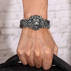 ROWIN&CO Heavy Mens Stainless Steel Biker Skull/Lion Cuff Open Bangle Bracelet Personalized Gifts for Father Son Teen, Silver Black