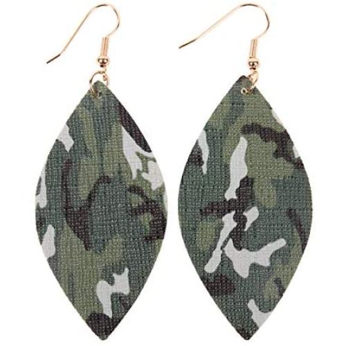 Bohemian Fun Print Leatherette Geometric Drop Earrings - Lightweight Pattern Faux Leather Feather, Petal Leaf, Tie Dye Teardrop, Floral, Leopard Camo Dangles