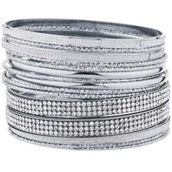 Lux Accessories Silver Tone Sticker Glitter Pave Crystal Rhinestone Bangle Set