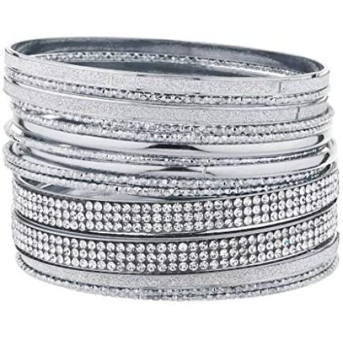Lux Accessories Silver Tone Sticker Glitter Pave Crystal Rhinestone Bangle Set