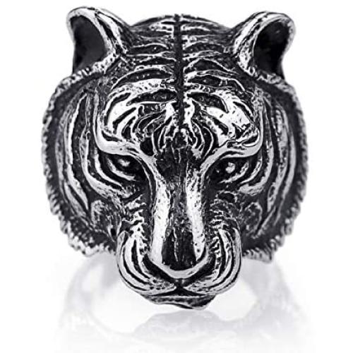 Tiger Head Ring for Men, Vintage Gothic Tribal Biker Tiger Skull Ring, Retro Tiger Totem Rings, Tiger Signet Amulet Ring, Viking Animal Tiger Jewelry Gift for Men Boys