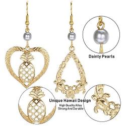 Magitaco 9 Pairs Hawaiian Gold Dangle Earrings for Women Boho Bohemian Earrings Pearl Heart Tortoise Pineapple Flower Polynesian Drop Earring Set