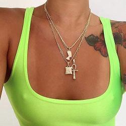 HUJUON 3-Layer Nefertiti Pharaoh Necklace. Punk Gold Egyptian Queen Cross Pendant Necklace,Hip Hop African Women Men Girls Jewelry
