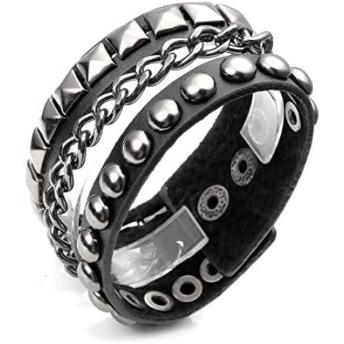 Jovivi Men Women Punk Rock Genuine Leather Multi Layers Spike Studded Rivets Strap Wrap Biker Leather Cuff Bracelet Bangle Wristband, Black
