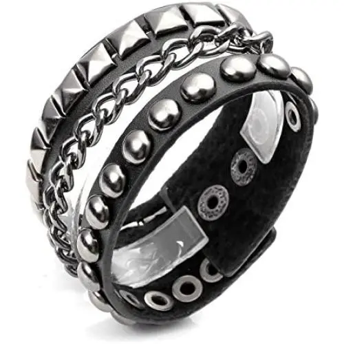 Jovivi Men Women Punk Rock Genuine Leather Multi Layers Spike Studded Rivets Strap Wrap Biker Leather Cuff Bracelet Bangle Wristband, Black Jovivi Men Women Punk Rock Genuine Leather Multi Layers Spike Studded Rivets Strap Wrap Biker Leather Cuff Bracelet Bangle Wristband, Black