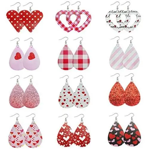 12 Pairs Valentines Day Faux Leather Earrings Set Heart-Shaped Dangle Earrings Teardrop Heart Pattern Leather Pendant Earrings with Storage Bag for Women Girls