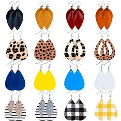Starain 16 Pair Faux Leather Earring for Women Girls Lightweight Teardrop Leather Dangle Earring Leaf Drop Earring Set