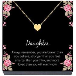 Daughter Heart Necklace Jewelry Gift from Mom, Dad,''Braver, Stronger, Smarter, Loved'' Quote for Women Teens, Girls, Jewelry for Daughter