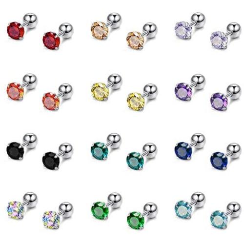 12 Pairs CZ Ear Stud Mixed Colors Cartilage Earrings Set Stainless Steel Barbell Studs Earrings Helix Tragus Piercing