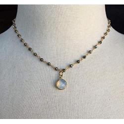 Natural Pyrite Beaded necklace, choker chain necklace White Opal Quartz Hydro Heart Teardrop necklace, Faceted Rondelle Beads, Boho Chic Gold Plated Rosary Handmade Jewelry (18 Inches Princess Length)