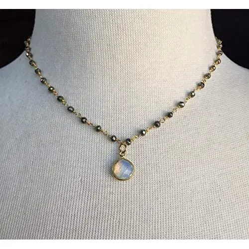 Natural Pyrite Beaded necklace, choker chain necklace White Opal Quartz Hydro Heart Teardrop necklace, Faceted Rondelle Beads, Boho Chic Gold Plated Rosary Handmade Jewelry (18 Inches Princess Length)