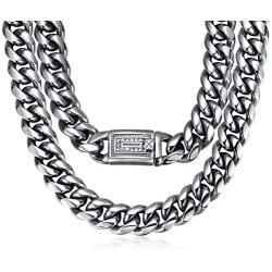 ROWIN&CO Men Chain Silver 15mm Thick Heavy Stainless Steel Miami Curb Cuban Link Necklace/Bracelet with CZ Choker Diamond Chain,8-35 inchs