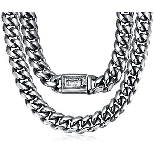 ROWIN&CO Men Chain Silver 15mm Thick Heavy Stainless Steel Miami Curb Cuban Link Necklace/Bracelet with CZ Choker Diamond Chain,8-35 inchs