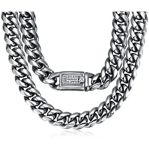 ROWIN&CO Men Chain Silver 15mm Thick Heavy Stainless Steel Miami Curb Cuban Link Necklace/Bracelet with CZ Choker Diamond Chain,8-35 inchs ROWIN&CO Men Chain Silver 15mm Thick Heavy Stainless Steel Miami Curb Cuban Link Necklace/Bracelet with CZ Choker Diamond Chain,8-35 inchs