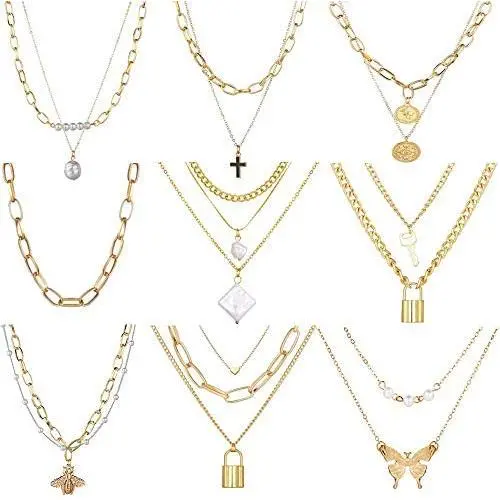 WAINIS 9 Pcs Dainty Layered Choker Necklaces Handmade Lock Heart Pendant Multilayer Adjustable Layering Chain Gold Necklaces Set for Women WAINIS 9 Pcs Dainty Layered Choker Necklaces Handmade Lock Heart Pendant Multilayer Adjustable Layering Chain Gold Necklaces Set for Women