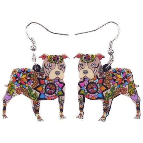 DUOWEI Acrylic Floral Pitbull Dog Earrings Anime Pets Drop Dangle Pet Jewelry for Women Ladies Girls Lovers Charms Gifts