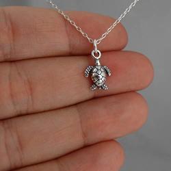 Sterling Silver Tiny Baby Sea Turtle 3D Charm Necklace, 18'' Cable Chain