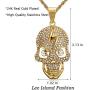 Lee Island Fashion 24K Gold Plated Simulated Diamond CZ Fully Skull Lightning Pendant Stainless Steel Necklace, 24 Inch Chain Hip Hop Halloween Jewelry For Men Boys