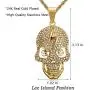 Lee Island Fashion 24K Gold Plated Simulated Diamond CZ Fully Skull Lightning Pendant Stainless Steel Necklace, 24 Inch Chain Hip Hop Halloween Jewelry For Men Boys
