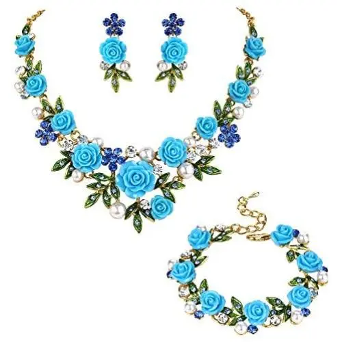 EVER FAITH Crystal Simulated Pearl Rose Flower Leaf Necklace Earrings Bracelet Set Gold-Tone EVER FAITH Crystal Simulated Pearl Rose Flower Leaf Necklace Earrings Bracelet Set Gold-Tone