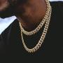XY Fancy 14MM Men Necklace Bracelet Gold Plated Cuban Link Miami Chain Hip Hop Style Full Diamond-Mounted