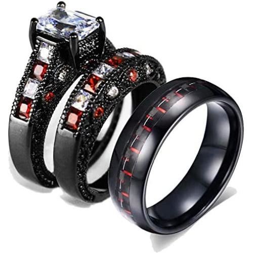 Gy Jewelry Two Rings His and Hers Wedding Ring Sets Couples Matching Rings Womens Black Gold Plated Cubic Zirconia Wedding Engagement Ring Bridal Sets & Mens Tungsten Carbide Wedding Band