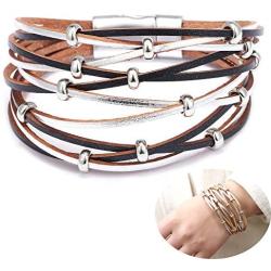 Jurxy Multilayer Leather Wrap Bracelet Silver Beaded Bohemian Braided Cuff Bangle Wristbands Wide Belt Jewelry for Women Girl – Black and Silver