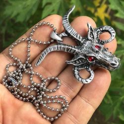 Church of Satan Goat Head Demon Skull Red Crystal eyes Jewelry Baphomet Satanic Devil LaVeyan Satanism Luciferian Gothic Protection Amulet Pewter Mens Pendant Necklace charm for men Silver Ball Chain