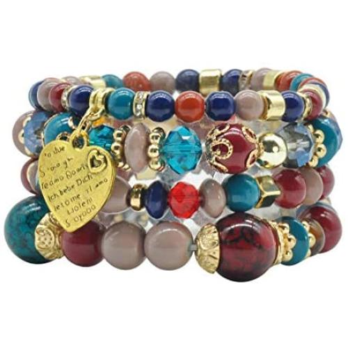 VONRU Beaded Bracelets for Women Stackable - Bohemain Style Matte Bead Stretch Bracelet with Heart Pendent for Gift Matte Bead