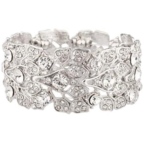 Lux Accessories Pave Crystal Floral Leaf Branch Stretch Bracelet
